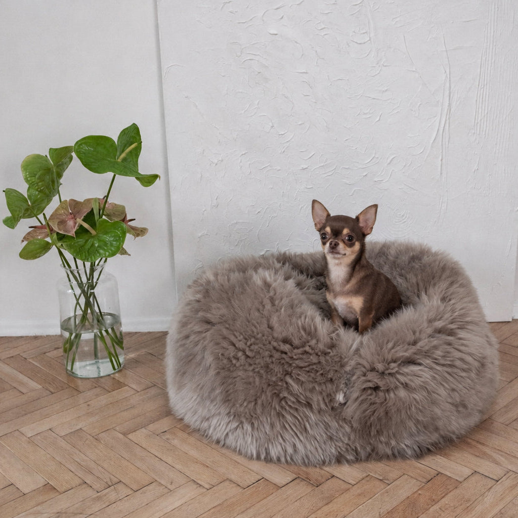 The Tatra Natural Sheepskin Pouf Bed – Greige