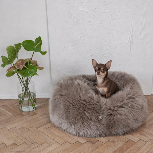 The Tatra Natural Sheepskin Pouf Bed – Greige